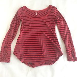 Free People Med Red Navy Stripe Long Sleeve Shirt